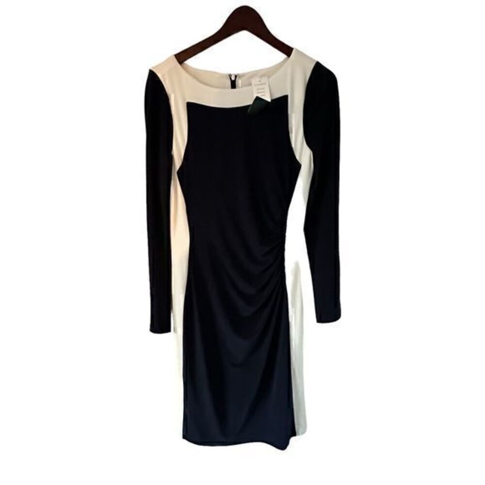 Lauren Ralph Lauren Navy White Stretchy Fitted Long Sleeve Zip Midi Dress Size 8